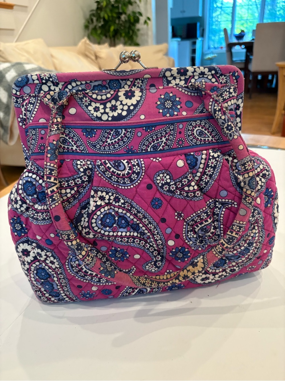 Vera Bradley Pink and Navy Paisley Quilted Frame Shoulder Bag